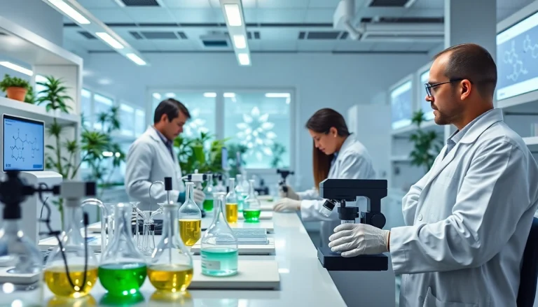 WIN55 cannabinoid synthesis in a modern laboratory with scientists analyzing samples and advanced equipment.