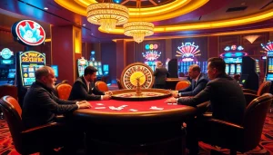 A thrilling poker game at https://rr88.wales/ with a luxurious casino ambiance and captivating roulette wheel.
