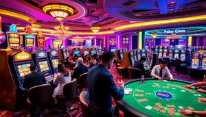 Players enjoying various slot machines and games at a vibrant casino, emphasizing agen toto slot excitement.