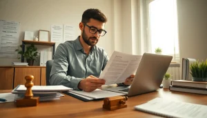 Dedicated traduttore giurato reviewing legal documents in a professional office setting.
