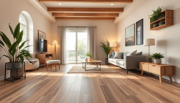 Belle pièce avec un revêtement en carrelage imitation parquet, mettant en valeur la chaleur et l'élégance.