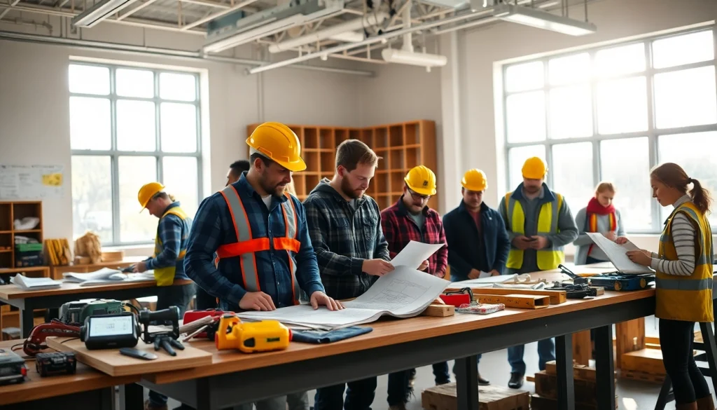 Students learning at construction trade schools in Texas, surrounded by tools and plans.
