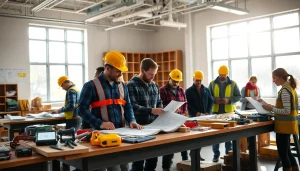 Students learning at construction trade schools in Texas, surrounded by tools and plans.