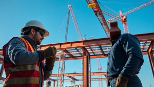Workers performing structural steel installation with cranes and beams on a construction site.