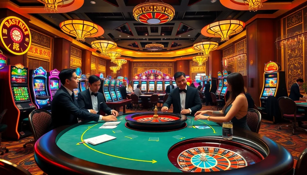 Engage in 상품권소액결제 with excitement at a vibrant casino scene featuring poker tables and slot machines.