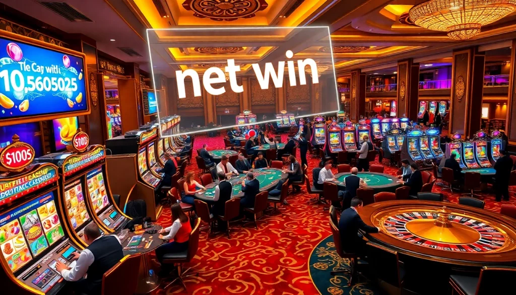 Experience a vibrant casino scene with players celebrating a net win at poker tables and slot machines.