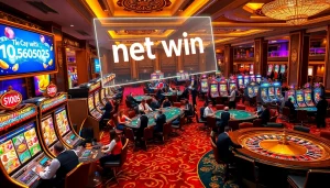 Experience a vibrant casino scene with players celebrating a net win at poker tables and slot machines.