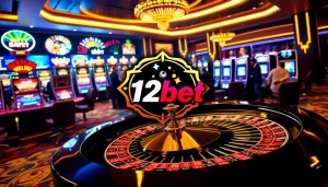 Experience thrill with 12bet at a luxurious casino featuring vibrant roulette and slot games.
