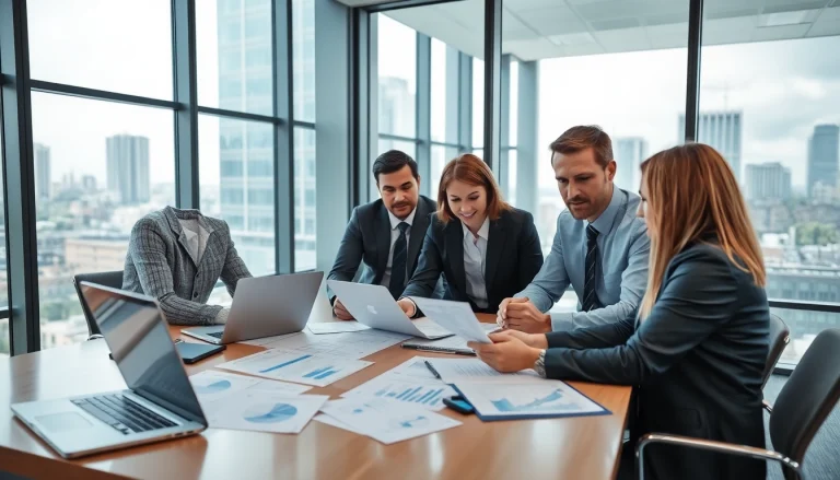 Crisis management consultant strategizing with a team in a corporate office.