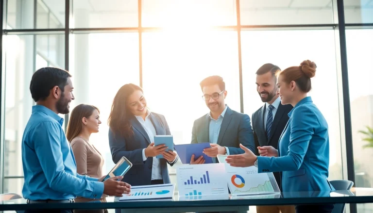 Analyze competitive intelligence strategies with a team in a modern, collaborative setting.