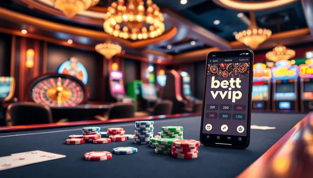 Trải nghiệm cảm giác cá cược đầy kích thích với ứng dụng Bet VIP trong cảnh casino sống động này.