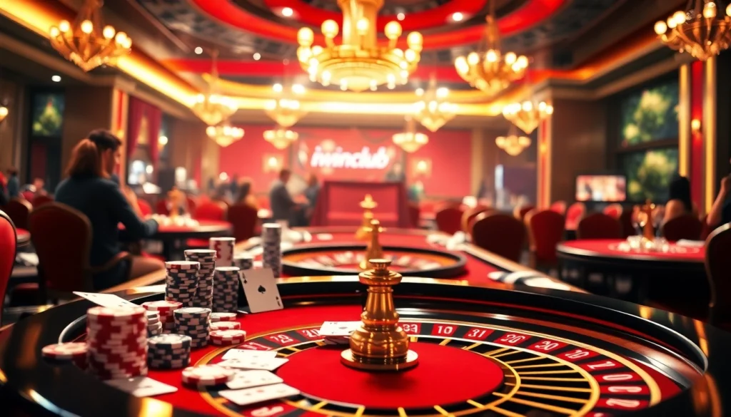 Experience thrilling games at iwinclub with vibrant casino tables and poker chips.