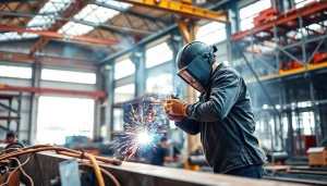 Welders demonstrate structural steel welding techniques amid a busy workshop filled with steel beams and tools.