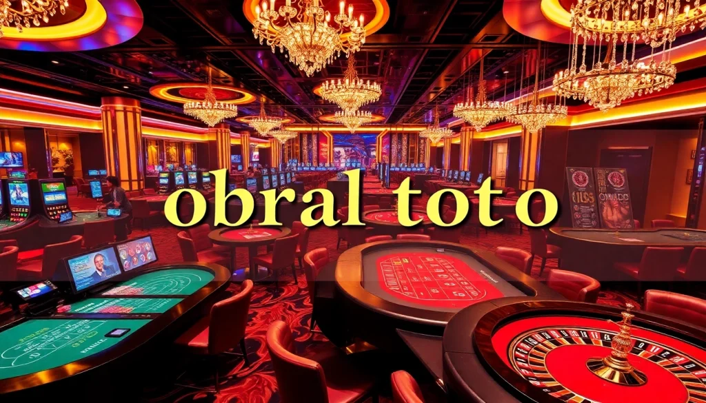 Engage in the excitement of obral toto at a luxurious casino with vibrant gaming tables and players.