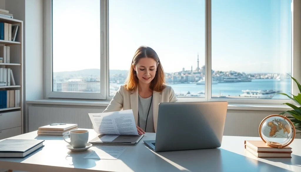 Traducteur assermenté à Marseille travaillant à un bureau moderne avec des documents de traduction et une vue sur la côte.