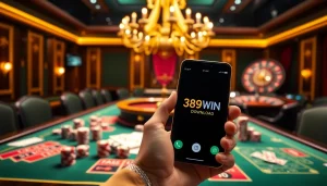 389WIN Download interface displayed on a smartphone amid a vibrant casino scene with cards and dice.