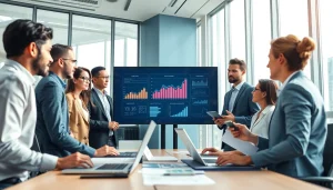 Email verification professionals collaborating in a modern office environment, showcasing data visualizations and technology.