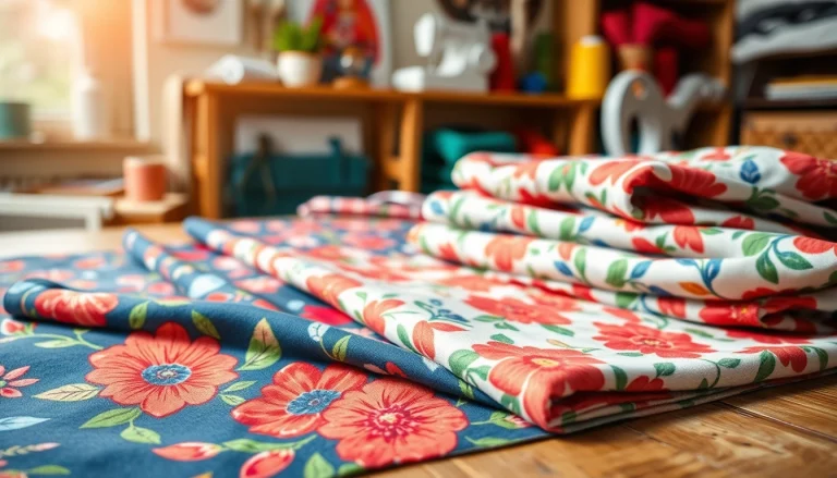 Bekijk bedrukte katoenen stoffen met levendige patronen en texturen op een houten tafel.