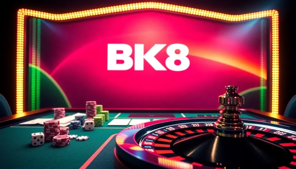 Players enjoying a thrilling online gambling experience with BK8's vibrant interface at a luxurious casino.