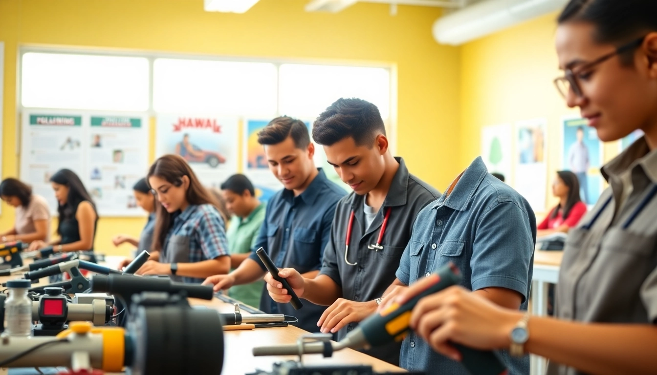 Students actively learning at hawaii trade schools in a bright classroom with modern tools.