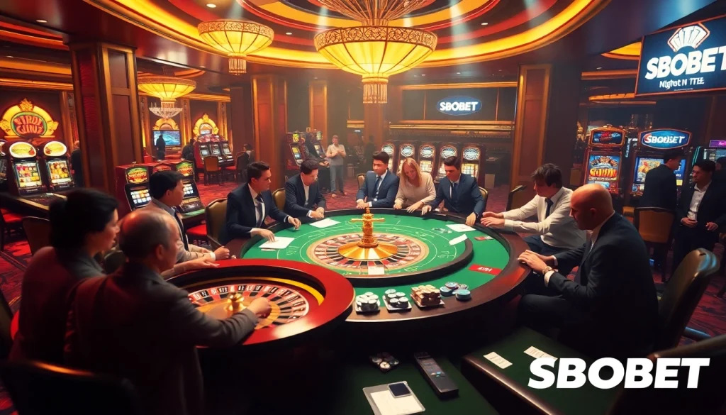 SBOBET players enjoying a thrilling moment at a luxurious casino poker table