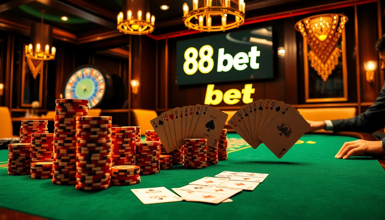 Experience the thrill of the 88xx bet with luxurious poker games and glimmering chips in an elegant casino setting.