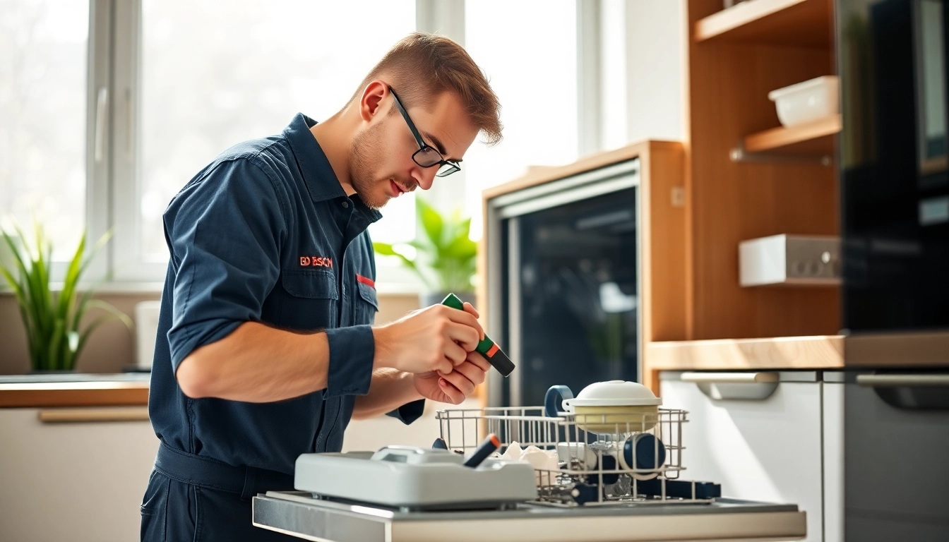 Efficient Bosch dishwasher repair professional diagnosing appliance issues in a bright kitchen.