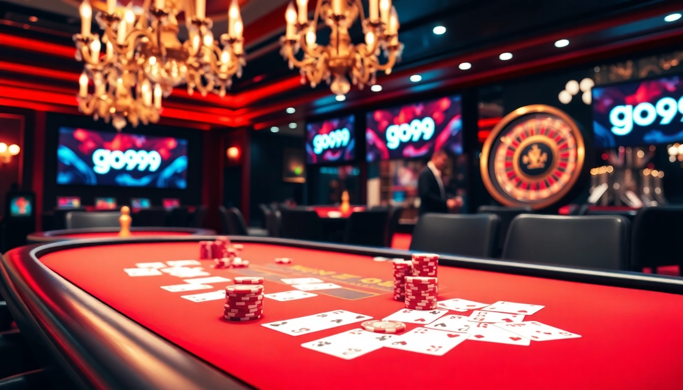 Exciting gambling action with go99 poker chips and cards on a sleek casino table.