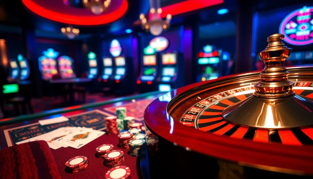 Experience thrilling games at https://shbet.law/ with poker chips, cards, and roulette wheel in a luxurious casino setting.