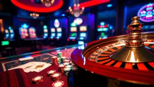 Experience thrilling games at https://shbet.law/ with poker chips, cards, and roulette wheel in a luxurious casino setting.