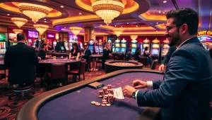 Gambler making a strategic move with a deposit 1000 at a luxurious casino table.