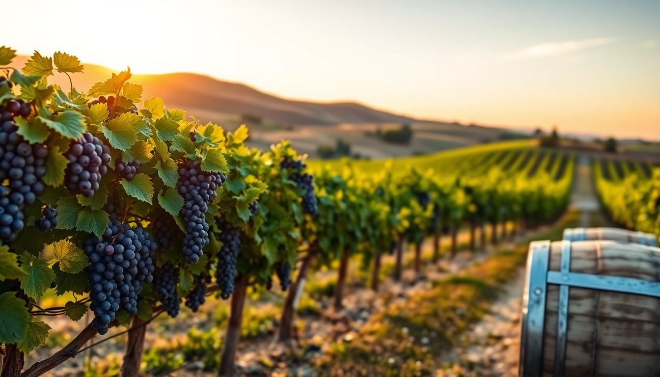 Vibrant grapes in wineries in Clarksburg amidst a picturesque sunset vineyard scene.