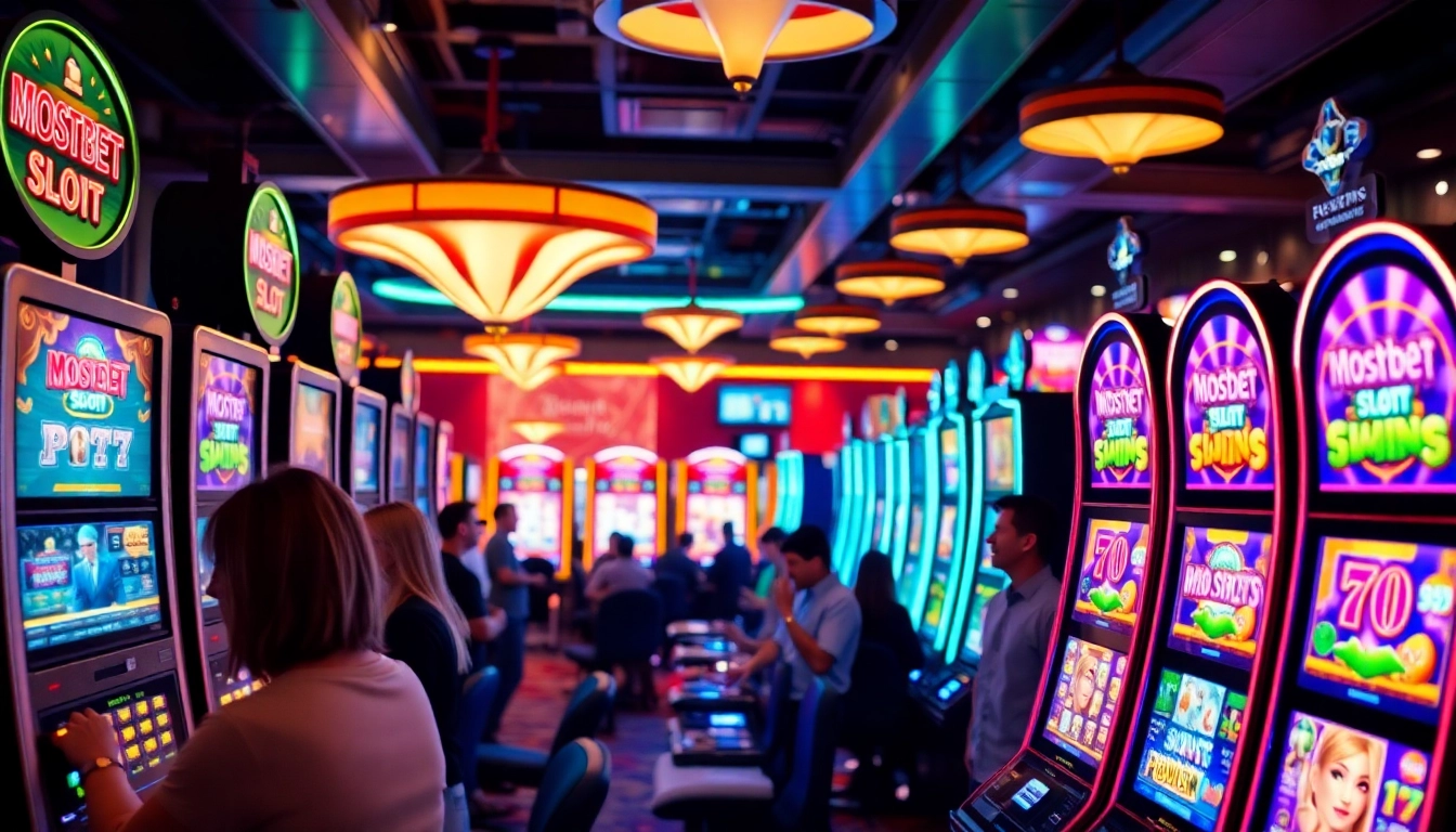 Mostbet slot demo oynayan oyunçular və rəngarəng slot maşınları ortamı təqdim edir.