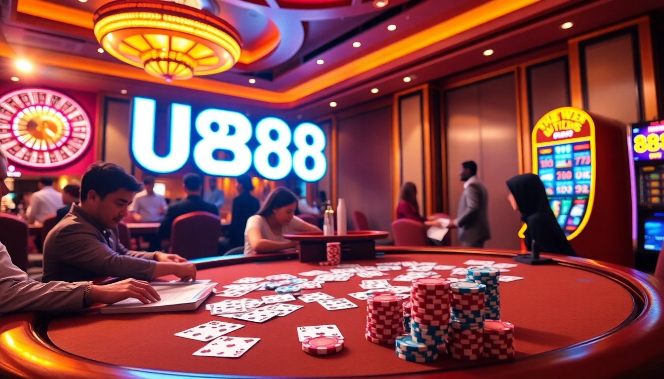 Players engaged in lively poker action at U888 casino with vibrant chips and cards.