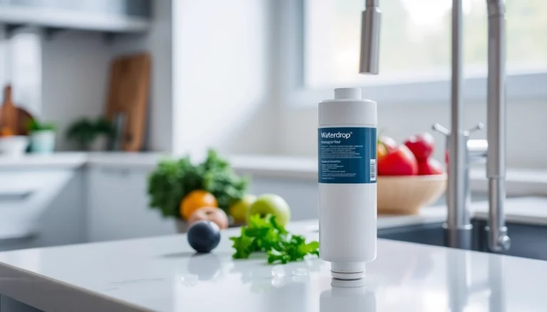 Waterdrop DA97-17376B Replacement for Samsung® HAF-QIN/EXP water filter on a countertop with fresh fruits.