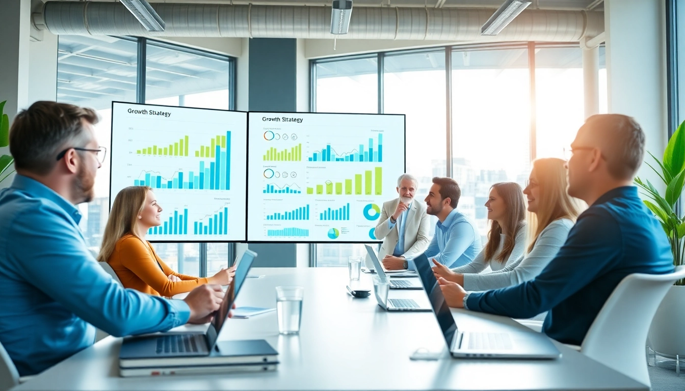 Analyze growth strategy trends during a professional business meeting in a modern office setup.