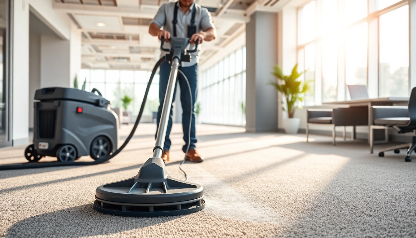 Efficient commercial carpet cleaning by a technician in a bright office space.