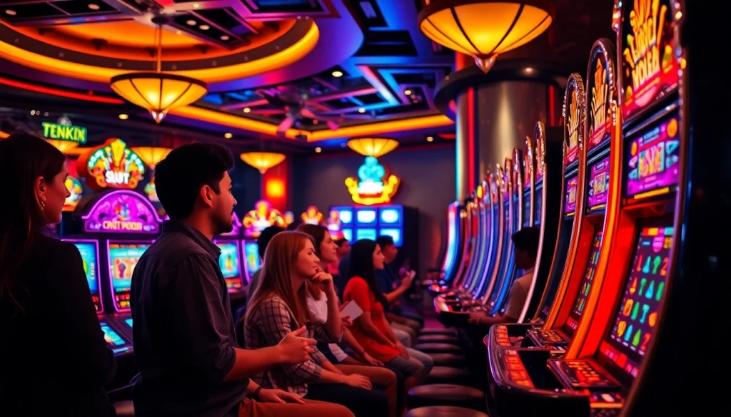 Playing thrilling slot depo pulsa games in a bustling casino environment.