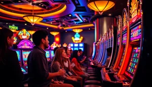 Playing thrilling slot depo pulsa games in a bustling casino environment.