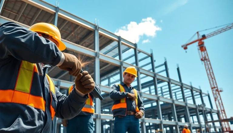 Workers collaborating in structural steel installation showcasing teamwork and precision on a construction site.