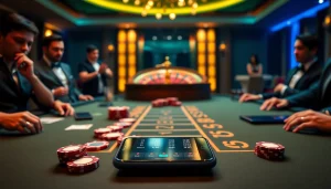 Players engaging in thrilling casino action with the S8 app on display at a luxurious blackjack table.