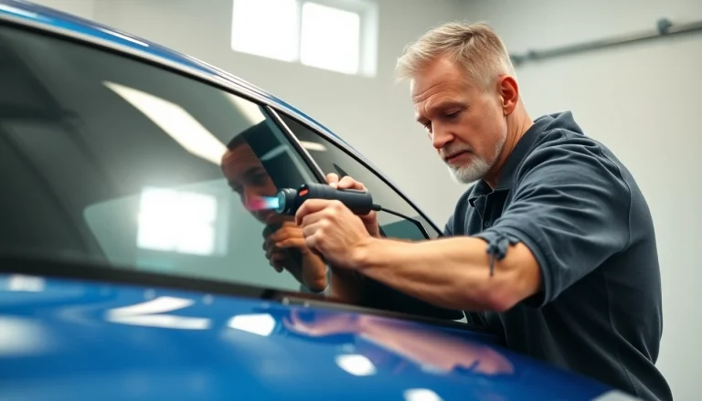 Apply window tint near me on a car in a bright garage with a focused technician.