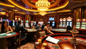 Engaging players enjoying games at Nhà cái Haywin's vibrant casino, filled with excitement and luxury.