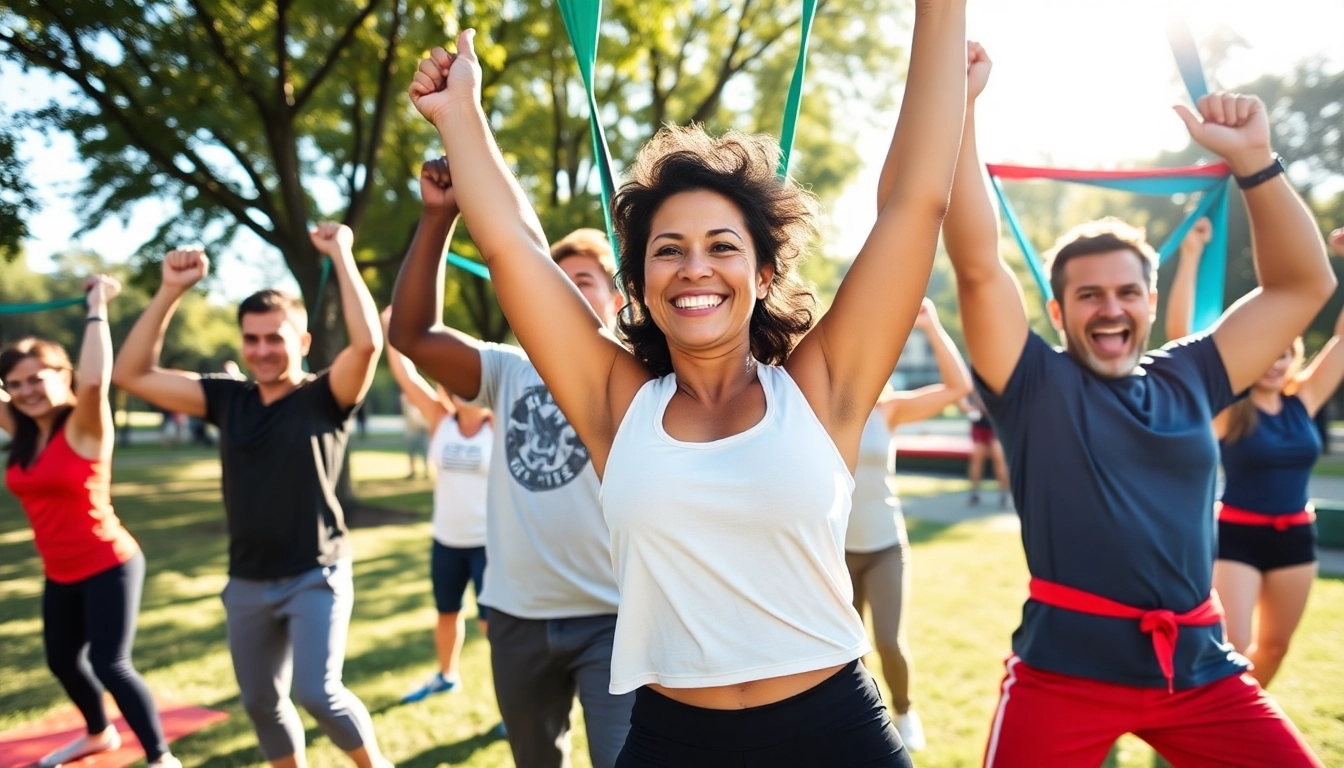 Individuals using pull-up resistance bands outdoors during a dynamic fitness session, showcasing various exercises.