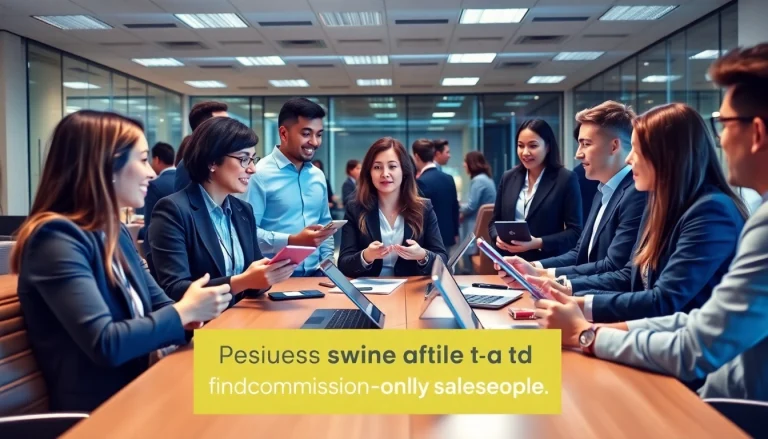 Engaged commission-only salespeople discussing strategies and networking to find commission-only salespeople.