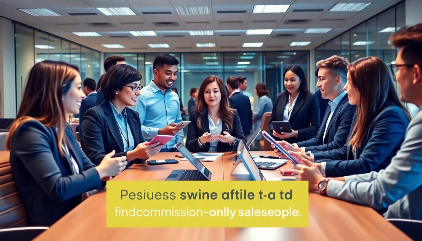 Engaged commission-only salespeople discussing strategies and networking to find commission-only salespeople.