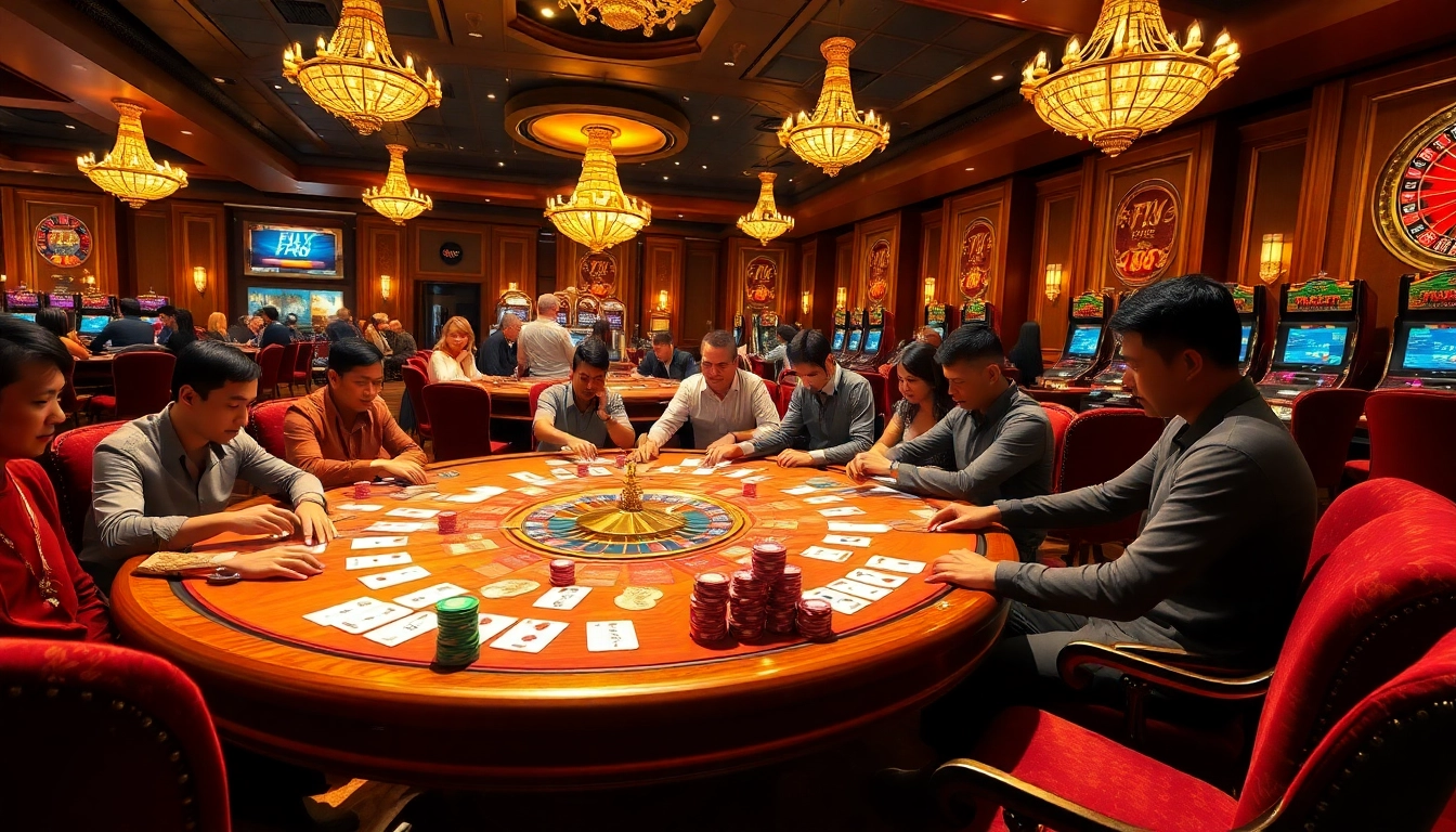 Players enjoying FLY 88-themed poker gameplay in a luxurious casino atmosphere.