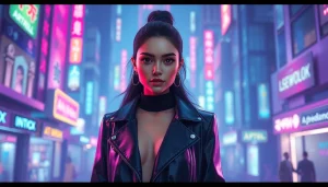 Captivating AI nsfw character in a vibrant futuristic cityscape.