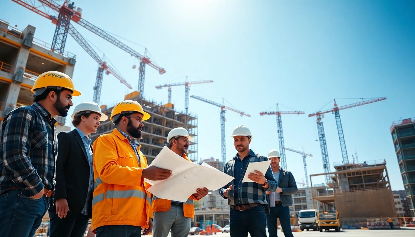 Austin construction site with diverse workers collaborating on a building project.