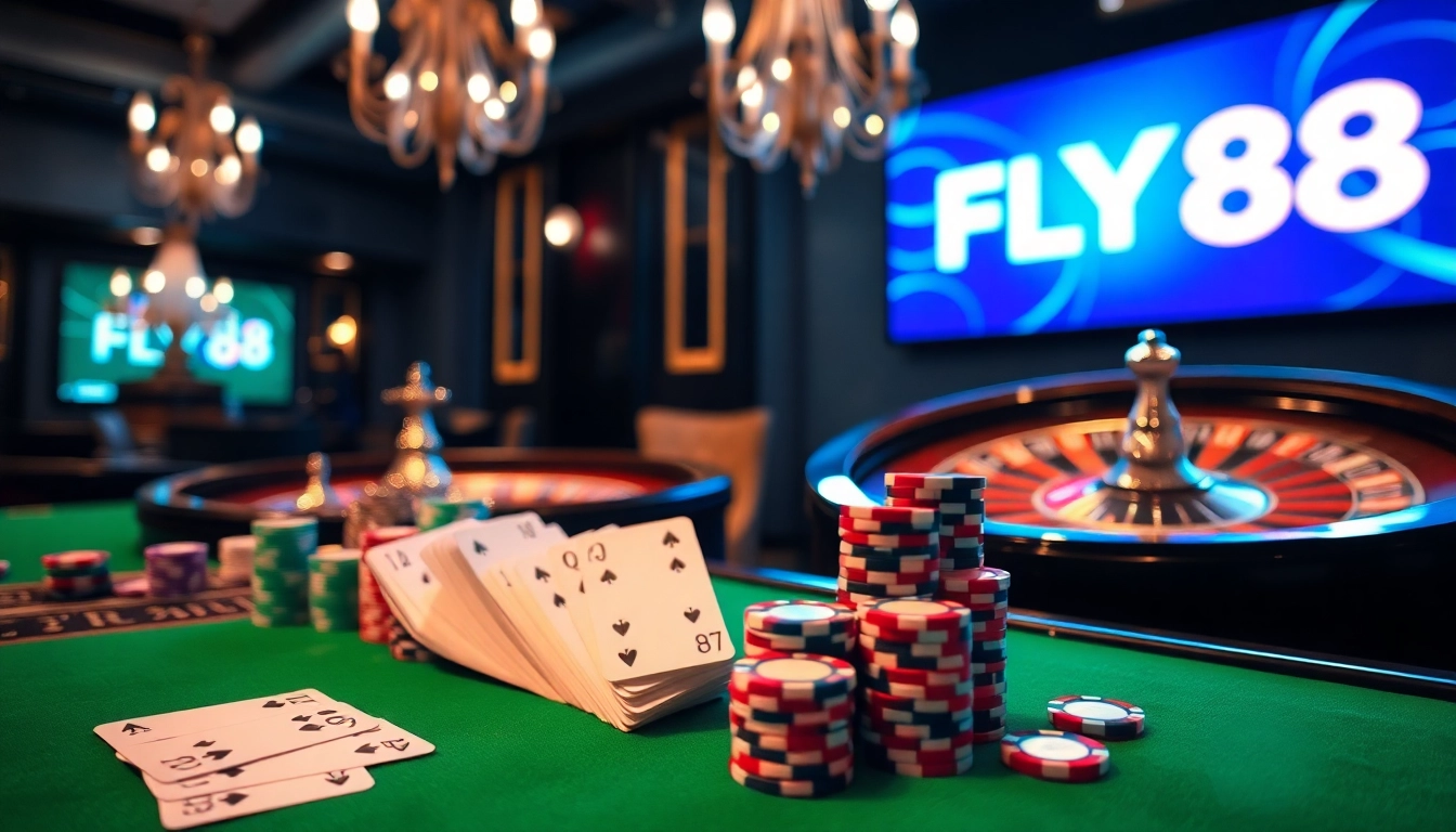 FLY 88 showcases an exciting casino scene with poker chips and a roulette wheel.
